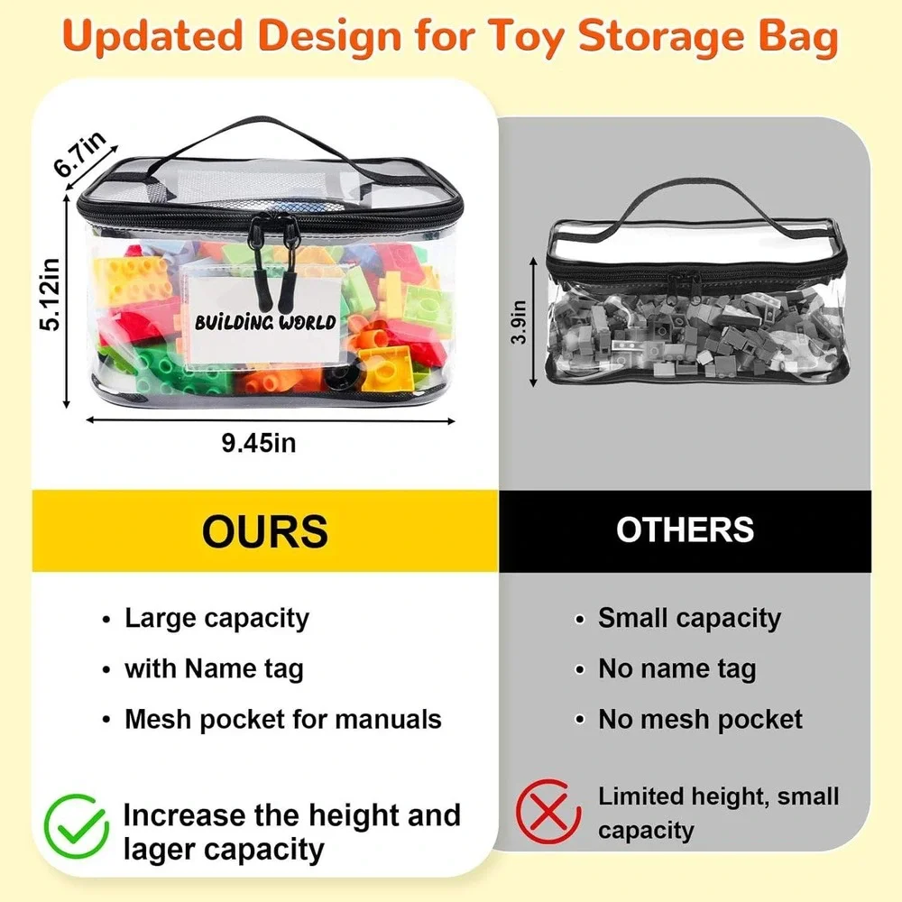 Tesuko Clear PVC Toy‎ Storage Bags Organizer Handles Name Tag Mesh Pocket 6 Pk